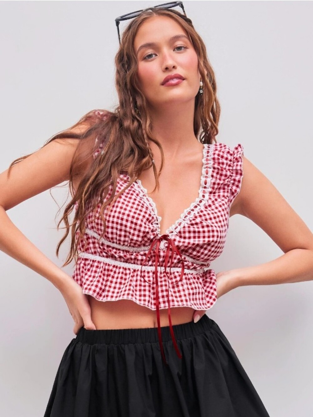 Cider Red White Gingham Ruffle Sleeveless Crop Top Ribbon Medium